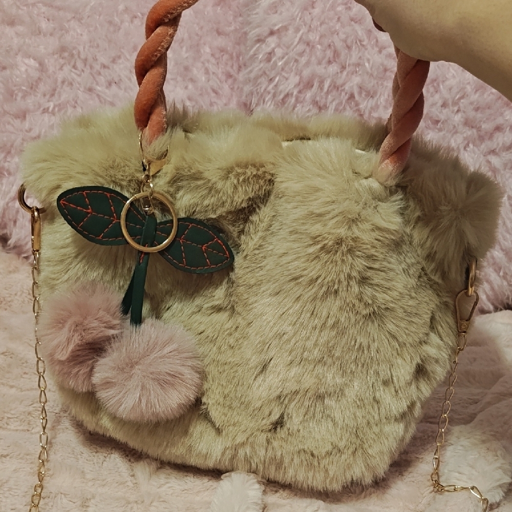 Faux Fur Beige Handbag with Pink Accents
